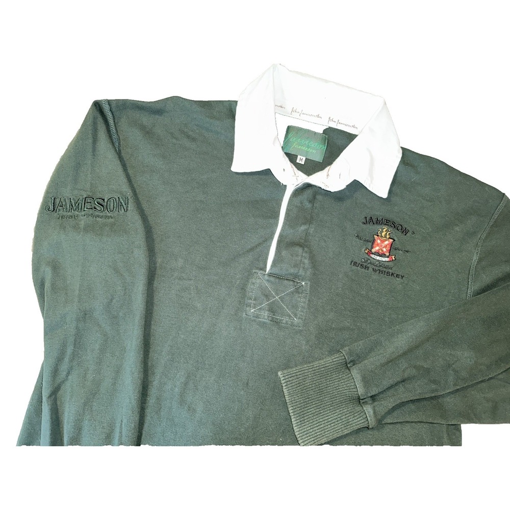Jameson Whiskey Green Embroidered Long Sleeve Rugby Polo Shirt Men's Medium
